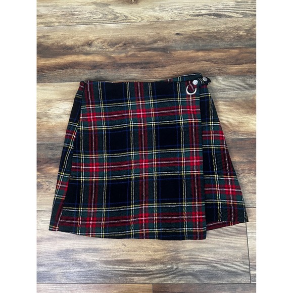 Alya Dresses & Skirts - Alya Plaid Mini Wrap Skirt Red Green Navy Tartan Snap Ring Detail Womens Medium